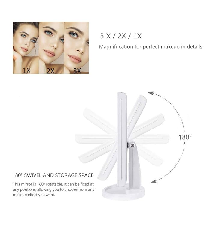 Tri-fold LED Makeup Mirror with 2X/3X Magnification