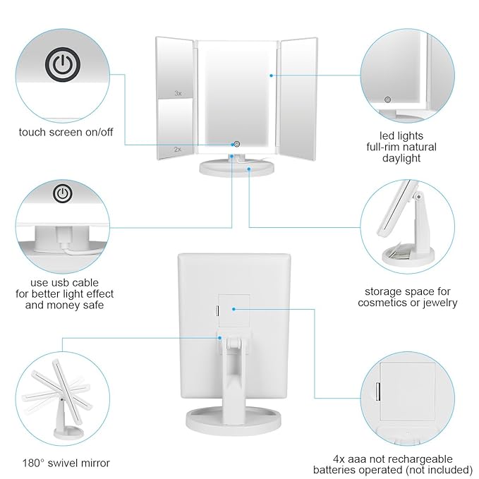 Tri-fold LED Makeup Mirror with 2X/3X Magnification
