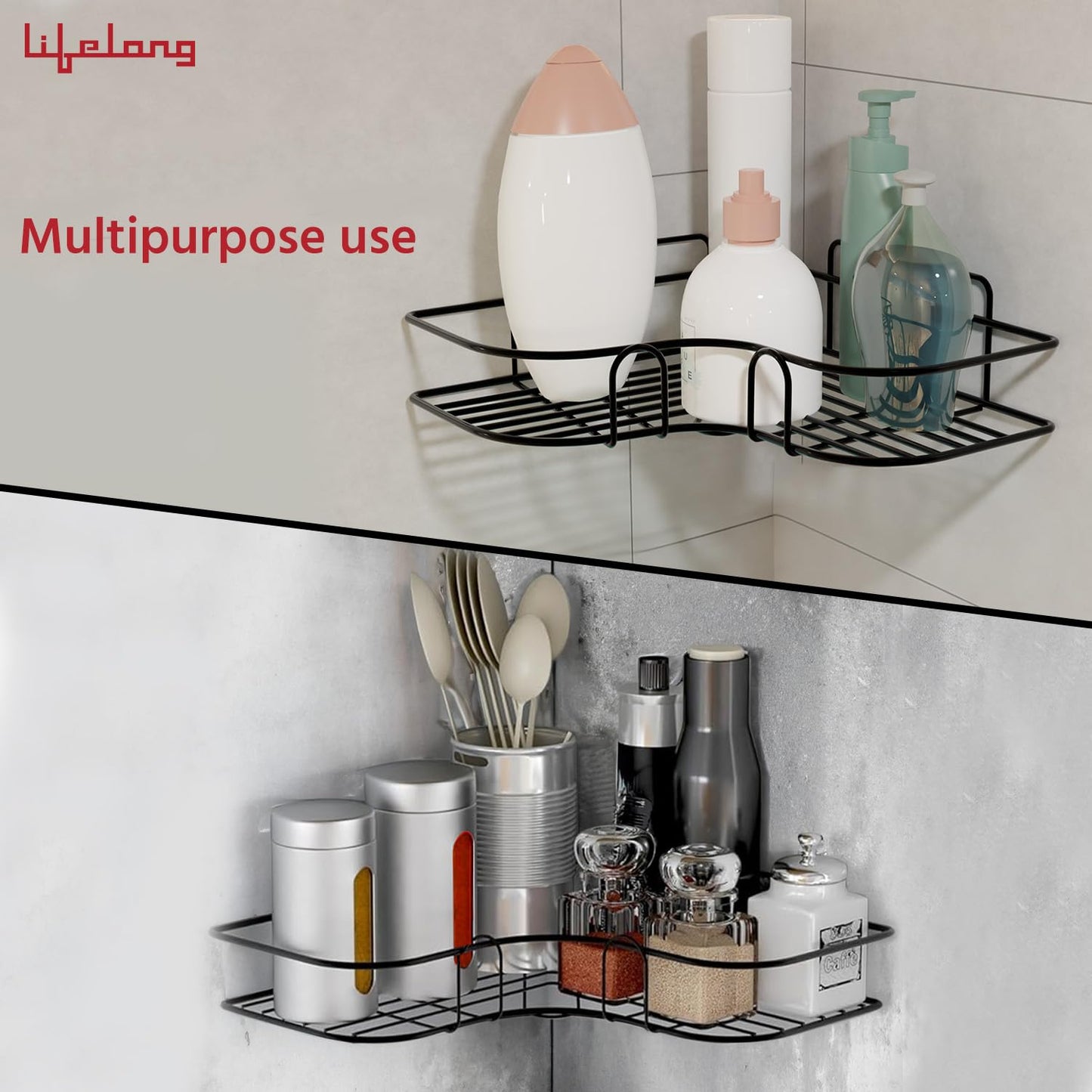 Self-Adhesive Shelves for Corner Walls for Bathroom Organizer with 2 hook stickers